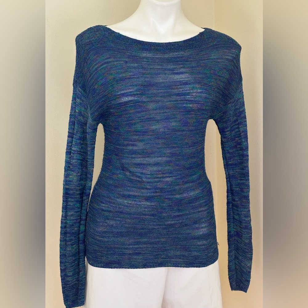 COLDWATER CREEK  Blues & Greens Sheer Knit Top Boat Neck. Long Sleeves S8.